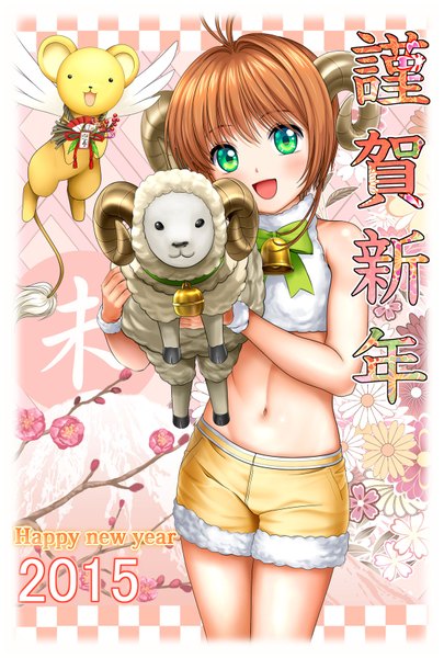 Anime picture 1181x1748 with card captor sakura clamp kinomoto sakura mutsuki (moonknives) tall image looking at viewer blush short hair open mouth brown hair green eyes horn (horns) loli new year happy new year nengajou 2015 girl navel flower (flowers)