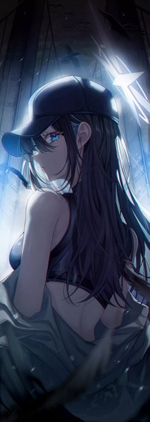 Anime picture 1451x4096 with blue archive saori (blue archive) noubin single long hair tall image looking at viewer fringe breasts blue eyes black hair hair between eyes standing bare shoulders profile looking back from behind off shoulder anaglyph girl
