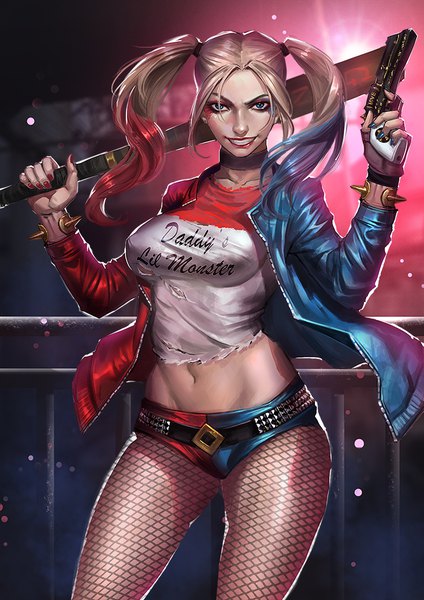 Anime picture 700x990 with batman suicide squad dc comics harley queen x.four single long hair tall image looking at viewer blue eyes light erotic blonde hair smile standing twintails blue hair red hair nail polish multicolored hair arm up