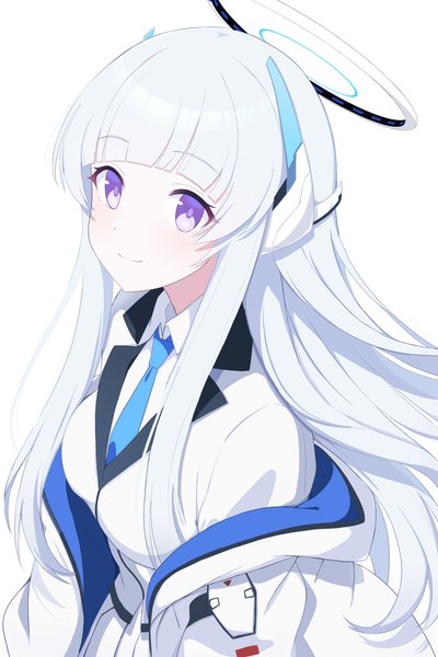 Anime picture 2647x3971 with blue archive noa (blue archive) sonoda 345 single long hair tall image fringe highres simple background white background purple eyes looking away silver hair upper body blunt bangs light smile girl halo
