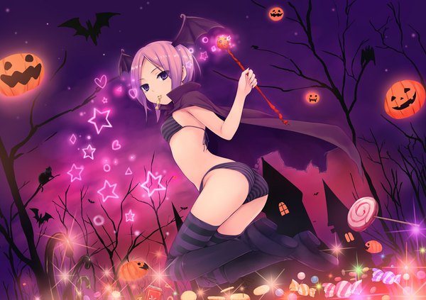 Anime picture 1024x723 with original coffee-kizoku short hair light erotic purple eyes pink hair night magic halloween bare tree girl thighhighs underwear panties food sweets star (symbol) cloak striped thighhighs vegetables