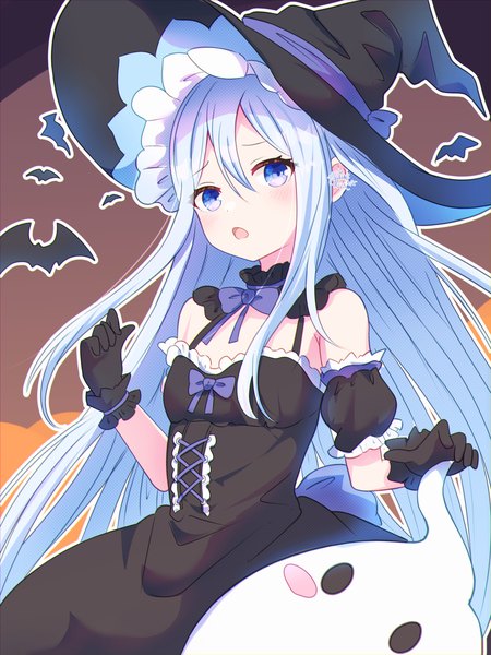 Anime picture 1200x1600 with project sekai yoisaki kanade shikinexion single long hair tall image looking at viewer fringe open mouth blue eyes hair between eyes silver hair halloween ghost girl dress gloves hat detached sleeves animal