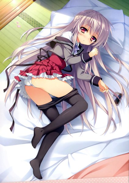 Anime picture 2557x3625 with shukufuku no kane no oto wa kitazono saya anapom single long hair tall image blush highres light erotic red eyes white hair lying braid (braids) from above scan girl uniform underwear panties pantyhose