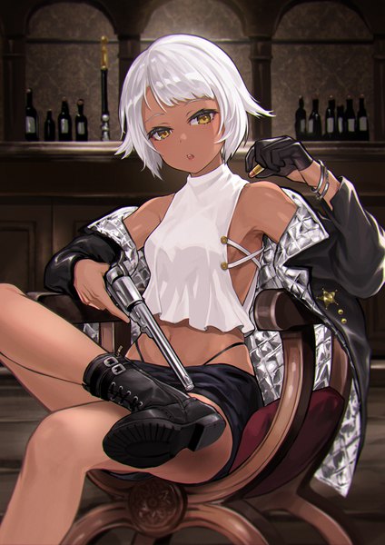 Anime picture 900x1273 with original deca purio single tall image looking at viewer blush fringe short hair open mouth sitting bare shoulders yellow eyes white hair indoors head tilt off shoulder open jacket :o dark skin lace-up boots