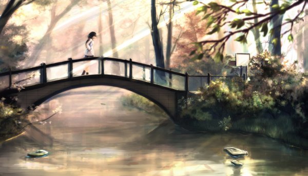 Anime picture 1839x1054 with original kikivi single long hair highres black hair wide image river girl plant (plants) tree (trees) jacket bridge