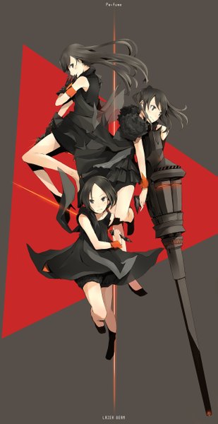 Anime picture 1289x2500 with perfume (group) ayano omoto (nocchi) yuka kashino (kashiyuka) ayaka ishiwaki (a-chan) yoshito (u10) long hair tall image short hair brown hair multiple girls ponytail profile inscription group girl dress gloves flower (flowers) weapon shorts