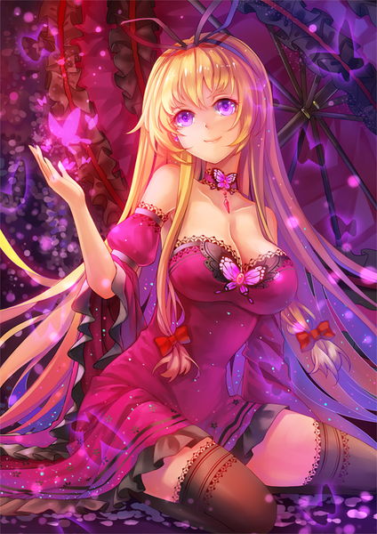 Anime picture 600x848 with touhou yakumo yukari vetina single long hair tall image fringe light erotic blonde hair smile sitting twintails bare shoulders bent knee (knees) long sleeves pink eyes wide sleeves kneeling outstretched arm girl