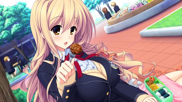 Anime picture 1280x720 with love sweets enjou minamo long hair looking at viewer blush open mouth blonde hair wide image sitting brown eyes game cg girl uniform school uniform food obento