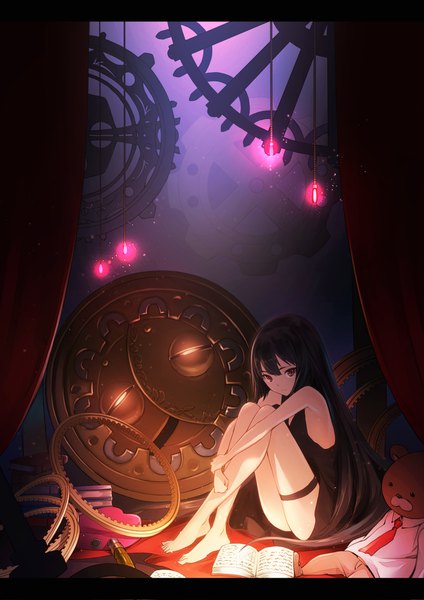 Anime picture 1600x2262 with original noraico single long hair tall image fringe light erotic black hair red eyes sitting bare shoulders looking away full body bent knee (knees) barefoot bare legs sparkle shadow crossed legs letterboxed