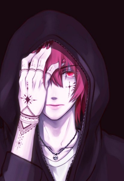 Anime picture 1100x1600 with uta no prince-sama a-1 pictures ittoki otoya 5392stn single tall image looking at viewer fringe short hair hair between eyes red eyes payot red hair nail polish parted lips one eye closed arm up lips glowing black background