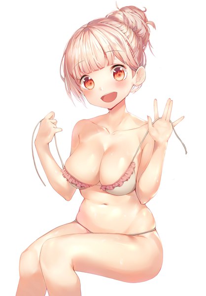 Anime picture 2524x3624 with original meliyannn single tall image looking at viewer blush fringe highres short hair breasts open mouth light erotic simple background red eyes large breasts white background sitting bare shoulders holding pink hair