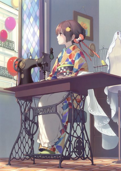 Anime-Bild 2342x3300 mit original eshi 100-nin ten gin (oyoyo) single tall image highres brown hair sitting brown eyes looking away full body indoors traditional clothes japanese clothes profile hair flower scan girl flower (flowers) bow