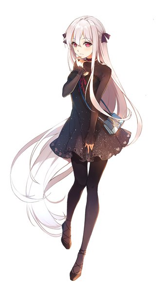 Anime picture 750x1334 with girls frontline kar98k (girls frontline) kamon (shinshin) single tall image looking at viewer simple background red eyes white background silver hair full body very long hair alternate costume finger to mouth knees touching girl dress ribbon (ribbons) hair ribbon pantyhose
