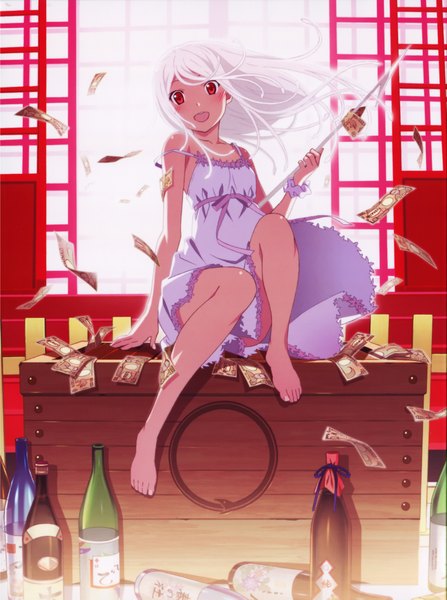 Anime picture 3290x4413 with bakemonogatari shaft (studio) monogatari (series) sengoku nadeko nadeko medusa watanabe akio single long hair tall image looking at viewer blush highres open mouth red eyes sitting bare shoulders absurdres white hair barefoot girl