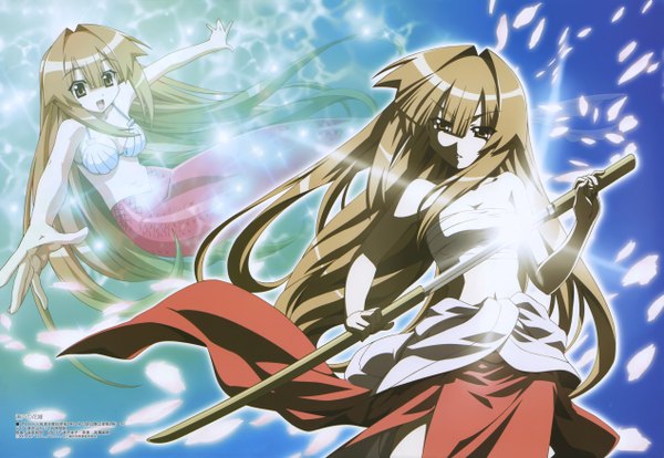 Anime picture 5075x3503 with seto no hanayome megami magazine seto san morita kazuaki long hair looking at viewer fringe highres open mouth blonde hair hair between eyes brown eyes blunt bangs very long hair :d scan sparkle light spread arms multiview