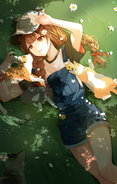 Anime picture 1180x1860 with original nanna (heyj2888) single long hair tall image fringe open mouth smile brown hair brown eyes looking away outdoors blunt bangs braid (braids) hair flower from above arms up short sleeves twin braids denim