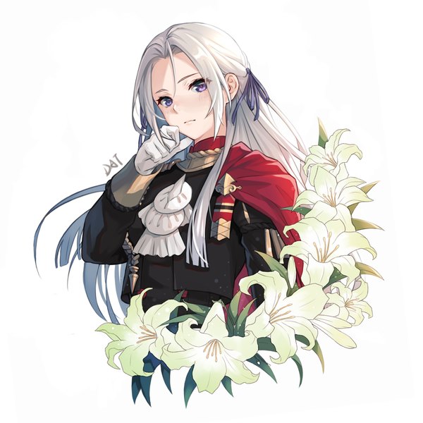 Anime picture 1600x1600 with fire emblem fire emblem: three houses nintendo edelgard von hresvelg da-cart single long hair looking at viewer blush simple background white background purple eyes signed payot silver hair upper body head tilt floating hair girl gloves