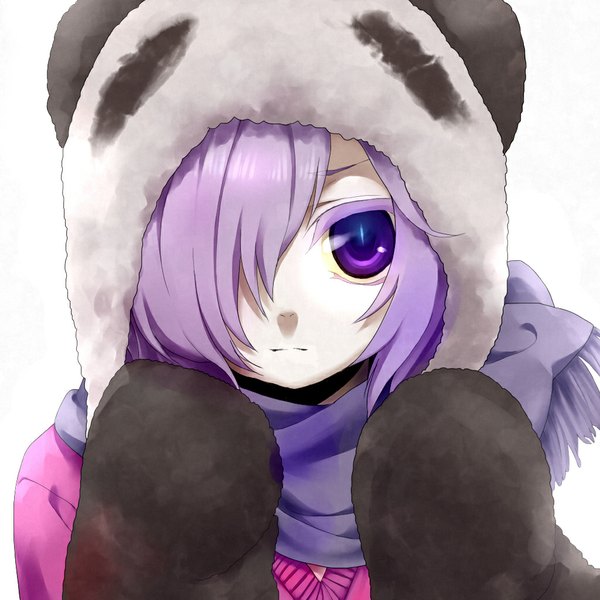 Anime picture 1024x1024 with un-go studio bones inga single looking at viewer fringe short hair purple eyes purple hair hair over one eye close-up boy scarf cap mittens