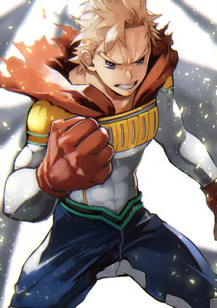 Anime picture 1058x1500 with boku no hero academia studio bones togata mirio toogata mirio yoshio (55level) single tall image short hair blue eyes blonde hair looking away fighting stance angry clenched teeth superhero boy gloves fist red gloves
