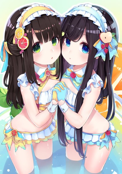 Anime picture 1020x1450 with original ao no neko long hair tall image looking at viewer blush fringe open mouth blue eyes light erotic black hair standing multiple girls green eyes payot blunt bangs bare legs bare belly :o shiny skin