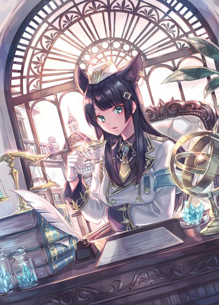 Anime picture 1440x2000 with original zoff (daria) single long hair tall image looking at viewer fringe open mouth black hair sitting holding green eyes animal ears indoors sparkle dutch angle piercing ear piercing girl gloves