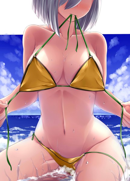 Anime picture 2645x3679 with kantai collection hamakaze destroyer ayakase hotaru single tall image blush fringe highres short hair breasts light erotic large breasts sitting holding sky silver hair cloud (clouds) outdoors wet mouth hold