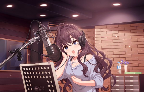 Anime picture 1280x824 with idolmaster idolmaster cinderella girls ichinose shiki single long hair blush open mouth blue eyes purple hair hand on headphones girl headphones microphone