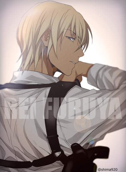 Anime-Bild 600x820 mit detective conan amuro tooru mashima shima single tall image looking at viewer fringe short hair blue eyes simple background blonde hair signed upper body parted lips profile looking back blurry grey background character names twitter username