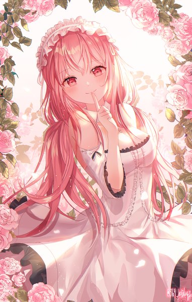 Anime picture 2990x4698 with azur lane perseus (azur lane) 364 holidays single long hair tall image looking at viewer blush fringe highres breasts smile hair between eyes twintails bare shoulders signed pink hair cleavage head tilt pink eyes