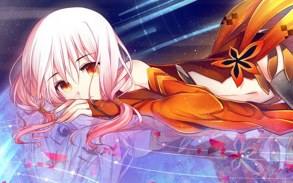 Anime picture 1280x800 with guilty crown production i.g yuzuriha inori single long hair red eyes wide image pink hair lying girl navel detached sleeves