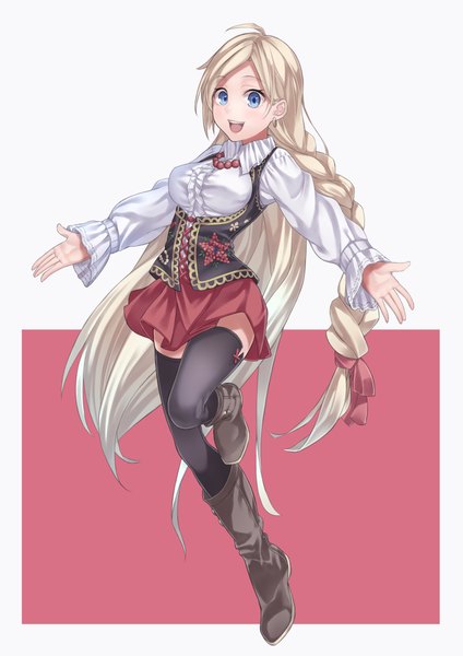 Anime picture 707x1000 with original ray-akila single long hair tall image blush open mouth blue eyes blonde hair braid (braids) girl thighhighs dress black thighhighs boots