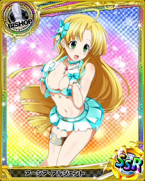 Anime picture 640x800 with highschool dxd asia argento single long hair tall image looking at viewer blush breasts open mouth light erotic blonde hair green eyes cleavage torn clothes card (medium) girl skirt gloves navel hair ornament