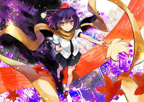 Anime picture 1720x1218 with touhou shameimaru aya ancomomomo single looking at viewer highres short hair red eyes purple hair girl skirt hat shirt wings necktie scarf fan pom pom (clothes) hauchiwa