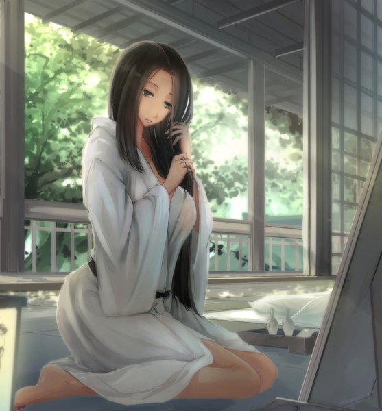 Anime picture 1046x1127 with original kikivi single long hair tall image looking at viewer black hair sitting brown eyes traditional clothes head tilt japanese clothes barefoot wide sleeves adjusting hair girl plant (plants) tree (trees) kimono sliding doors