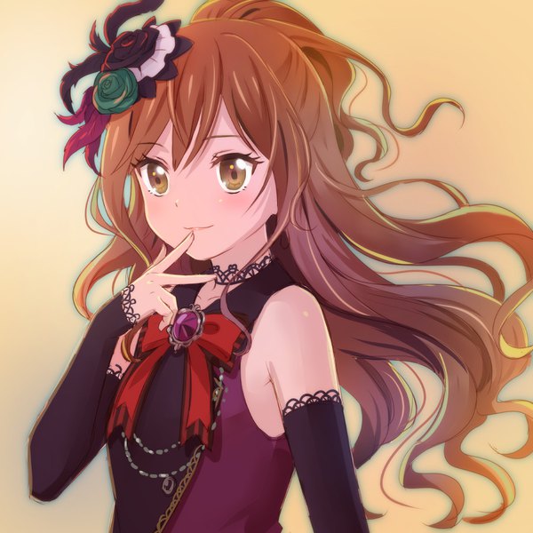 Anime picture 900x900 with bang dream! imai lisa shati single long hair blush fringe simple background hair between eyes brown hair brown eyes looking away upper body finger to mouth half updo girl hair ornament detached sleeves choker