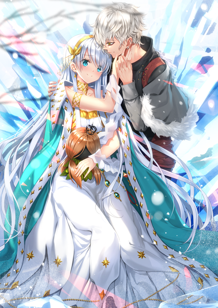 Anime-Bild 1102x1560 mit fate (series) fate/grand order anastasia (fate) viy (fate) kadoc zemlupus swordsouls long hair tall image blush fringe short hair blue eyes smile hair between eyes holding yellow eyes silver hair profile grey hair fur trim