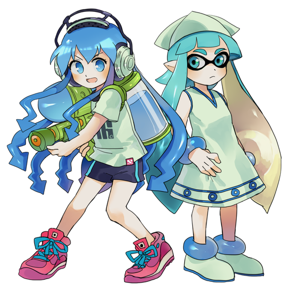 Anime picture 1000x964 with shinryaku! ika musume splatoon nintendo ika musume inkling akiyoku long hair blush fringe open mouth blue eyes multiple girls blue hair full body :d aqua eyes pointy ears aqua hair eyebrows transparent background