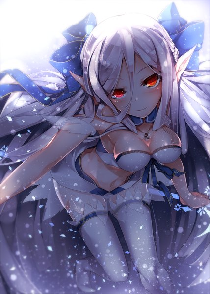 Anime picture 1200x1680 with sound voltex ortlinde nblg valkyria kazetto (kazetsuto) single tall image looking at viewer blush fringe breasts light erotic simple background smile hair between eyes red eyes large breasts white background bare shoulders silver hair bent knee (knees) very long hair