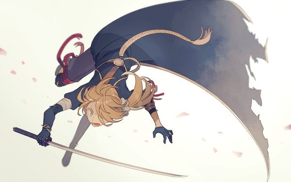 Anime picture 1276x800 with touken ranbu nitroplus shishiou o-ishi single long hair fringe open mouth blonde hair simple background hair over one eye torn clothes low ponytail boy gloves weapon petals sword black gloves katana