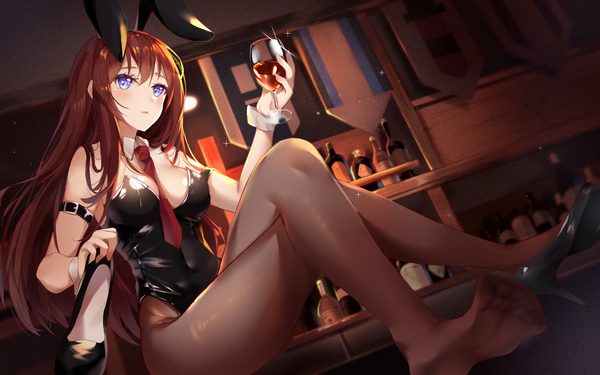Anime picture 3000x1875 with steins;gate white fox makise kurisu nahaki single long hair looking at viewer blush fringe highres breasts open mouth blue eyes light erotic hair between eyes brown hair large breasts sitting bare shoulders holding