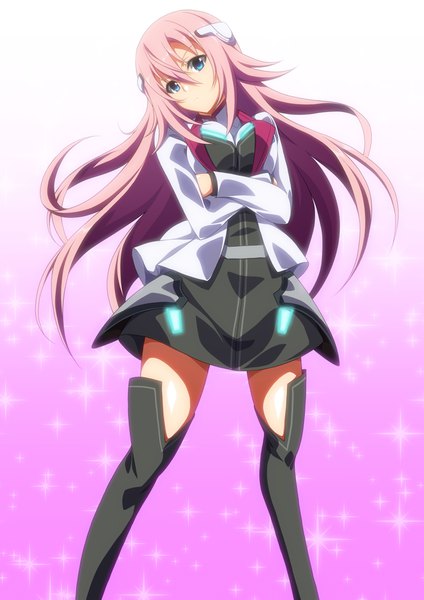 Anime picture 1280x1810 with gakusen toshi asterisk julis-alexia van riessfeld ka2 (artist) single long hair tall image looking at viewer fringe blue eyes hair between eyes pink hair head tilt sparkle gradient background crossed arms pink background girl hair ornament boots thigh boots