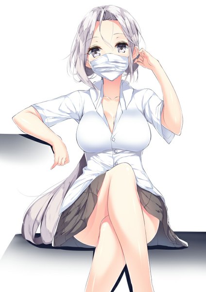 Anime picture 566x800 with original yappen single long hair tall image looking at viewer breasts light erotic simple background large breasts white background sitting silver hair bent knee (knees) ponytail grey eyes crossed legs partially open clothes girl skirt