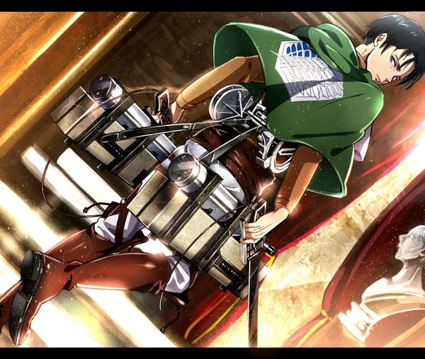 Anime picture 1300x1100 with shingeki no kyojin production i.g levi (rivaille) yuna (rutera) looking at viewer short hair black hair holding looking back black eyes back dual wielding boy weapon sword jacket boots belt thigh strap cape