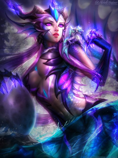 Anime picture 1026x1368 with original michelle hoefener single long hair tall image breasts light erotic large breasts signed looking away cleavage purple hair tail parted lips pink eyes horn (horns) realistic tattoo lipstick partially submerged