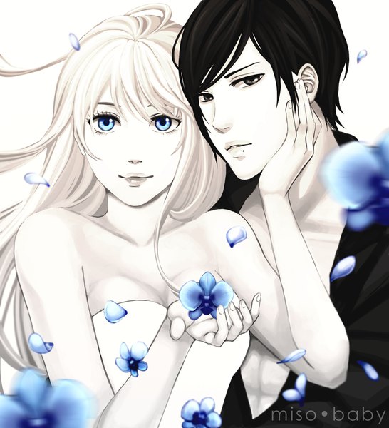 Anime picture 1819x2000 with where tangents meet rachelle landon instantmiso long hair tall image looking at viewer fringe highres short hair blue eyes black hair simple background blonde hair white background bare shoulders holding signed cleavage upper body