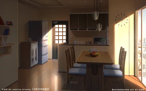 Anime picture 1536x960 with original sion005 signed indoors sunlight inscription city cityscape no people 2018 plant (plants) food window book (books) chair table fruit clock berry (berries) shelf