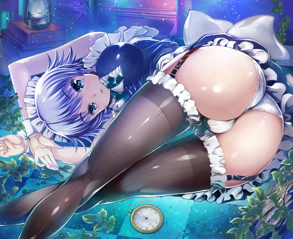 Anime picture 1331x1088 with touhou izayoi sakuya hekiten single highres short hair breasts blue eyes light erotic large breasts silver hair ass maid girl thighhighs underwear panties black thighhighs frills headdress