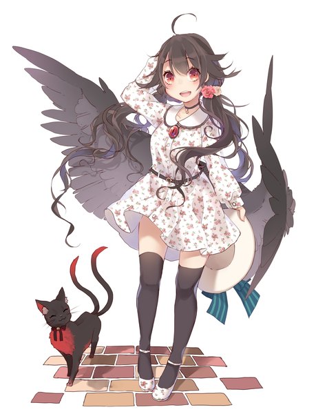Anime picture 1331x1682 with touhou reiuji utsuho kaenbyou rin kaenbyou rin (cat) toutenkou single long hair tall image looking at viewer open mouth simple background smile red eyes brown hair white background twintails ahoge tail long sleeves arm up