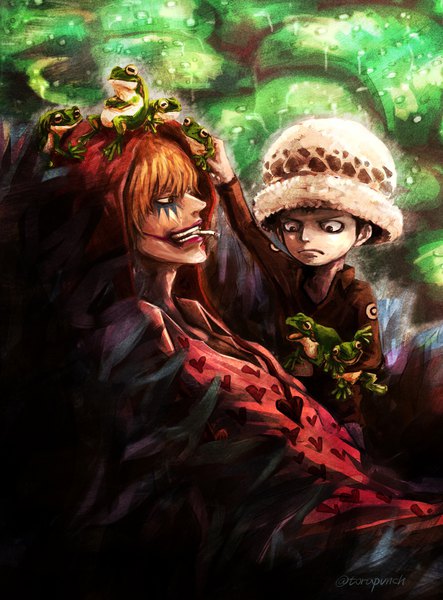 Anime picture 1536x2078 with one piece toei animation trafalgar law donquixote rocinante torapunch tall image fringe short hair black hair blonde hair hair between eyes standing holding signed profile multiple boys teeth twitter username lipstick mouth hold