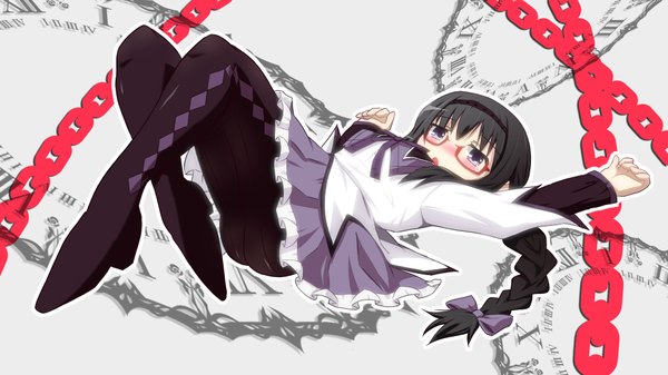 Anime picture 1920x1080 with mahou shoujo madoka magica shaft (studio) akemi homura yokoshima (euphoria) single long hair blush highres black hair wide image purple eyes braid (braids) girl pantyhose glasses hairband chain